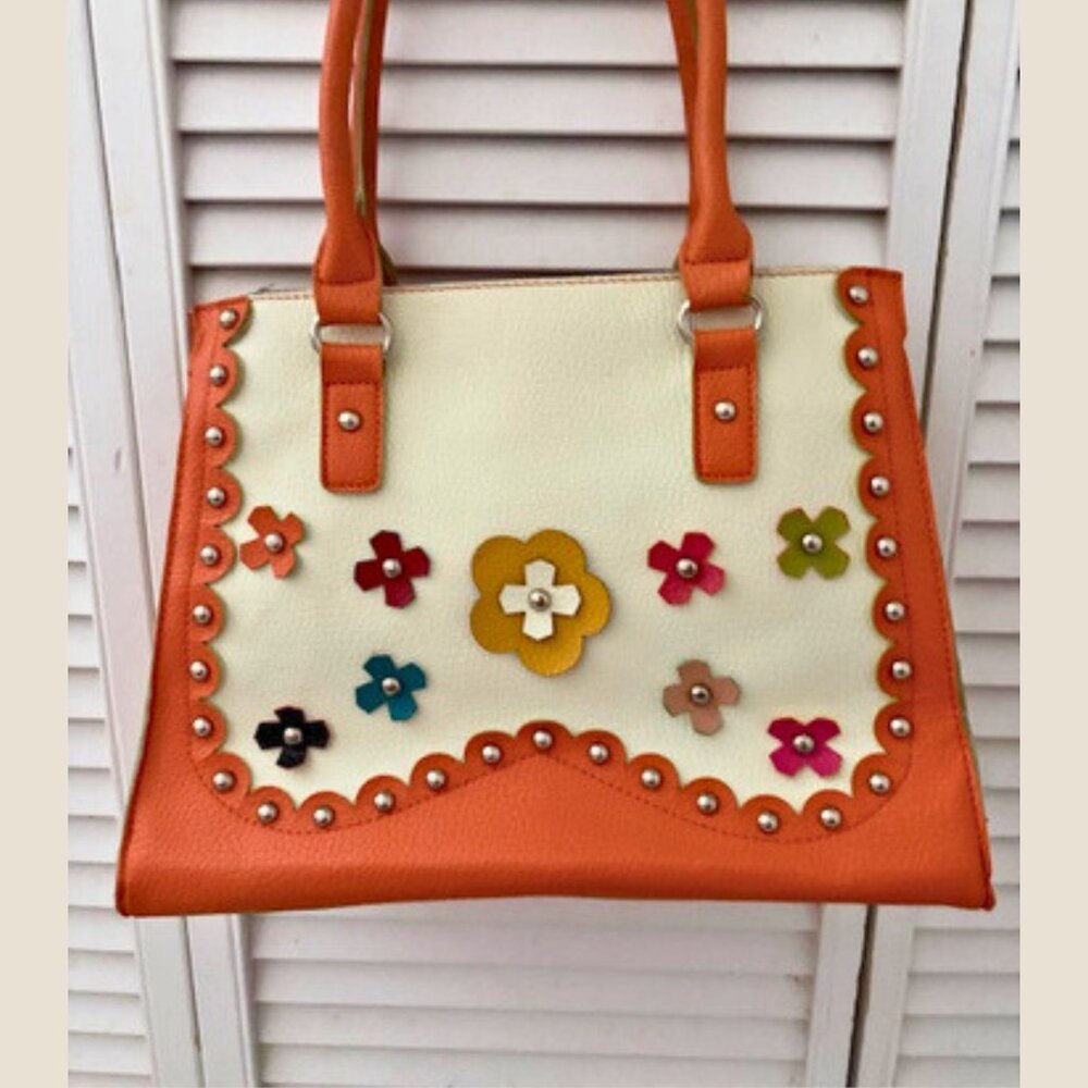 Mellow World Floral Studded Satchel – Multicolor Appliqué Boho Bag